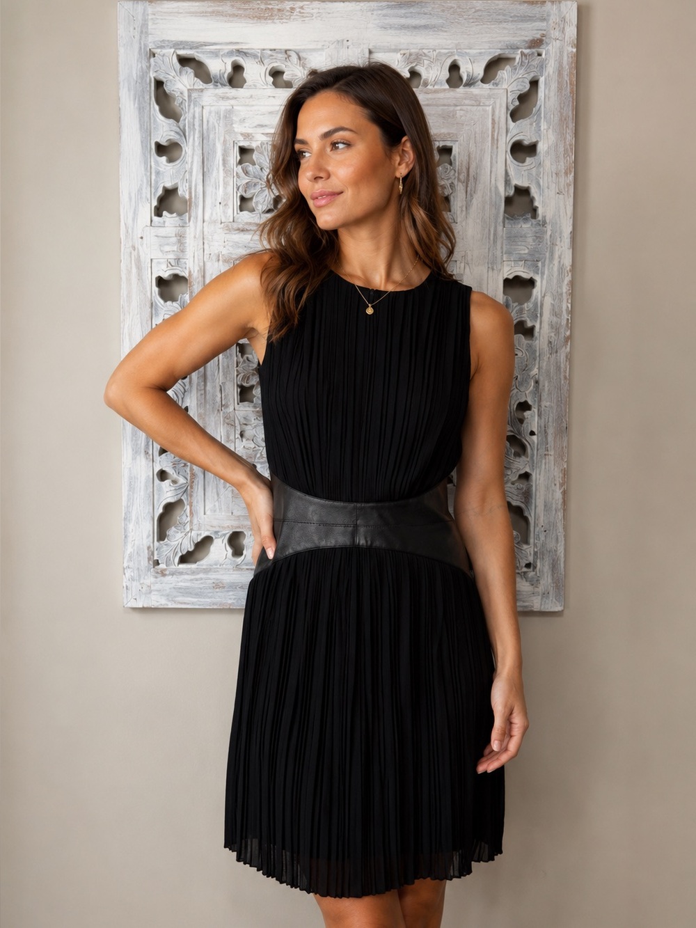 Karen Millen Black Pleated Faux Leather Waist Fit Flare High Neck Mini Dress